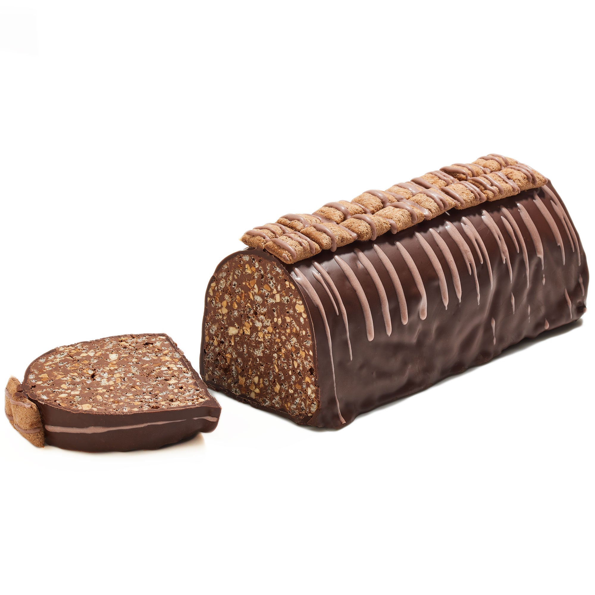 A beautifully packaged Crispy Chocolate Log in a gift box, showcasing its rich chocolate exterior and crunchy texture.