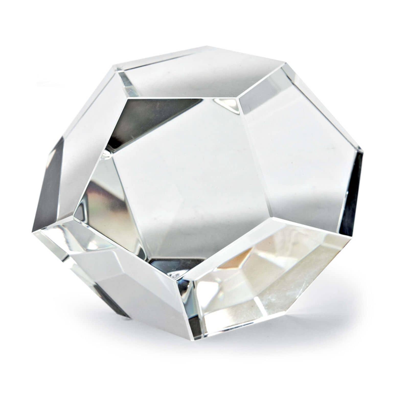 Large crystal dodecahedron accent piece with clear finish, measuring 7 inches in height, width, and depth.