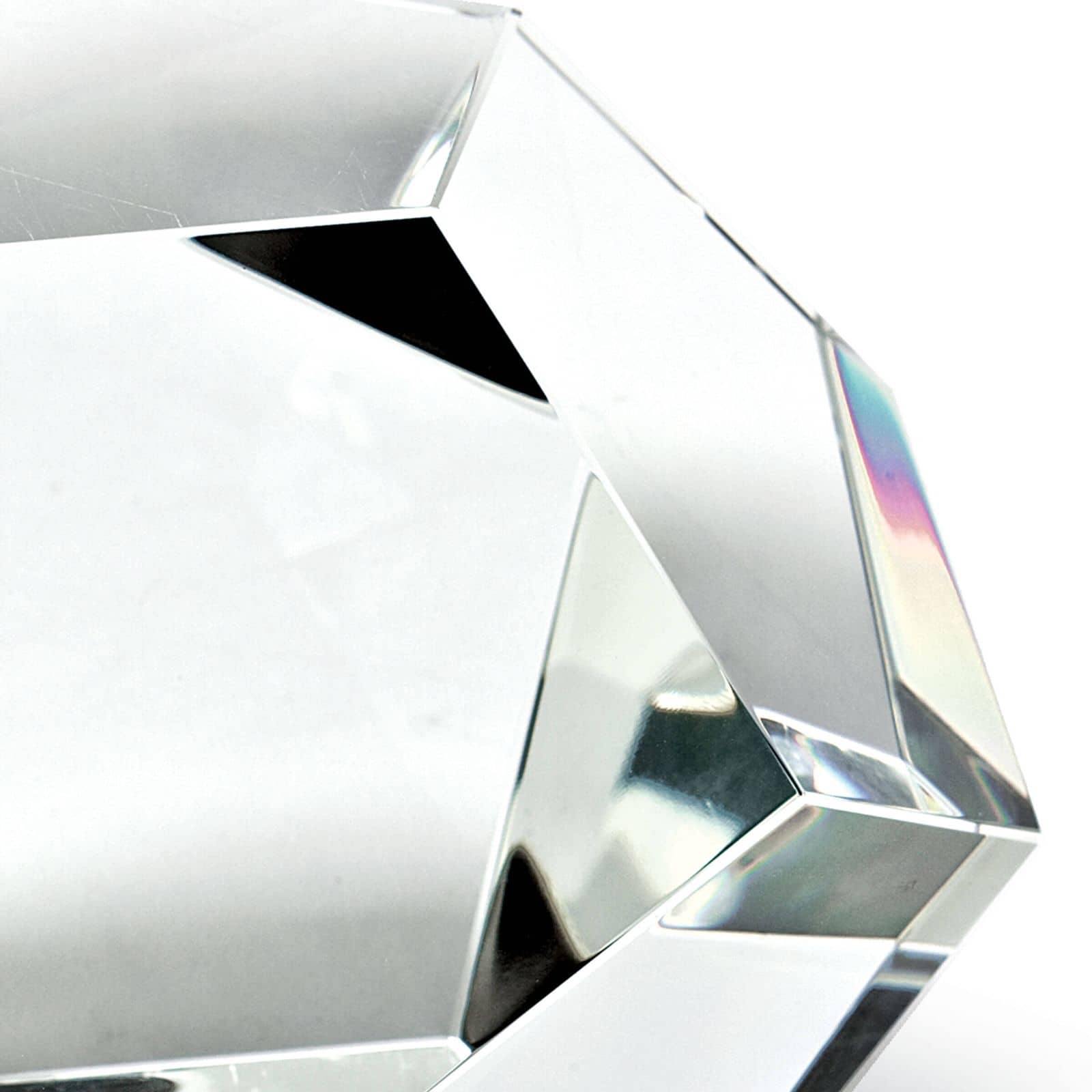 Large crystal dodecahedron accent piece with clear finish, measuring 7 inches in height, width, and depth.