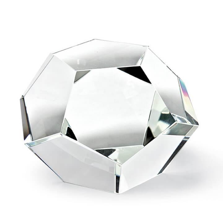 Large crystal dodecahedron accent piece with clear finish, measuring 7 inches in height, width, and depth.