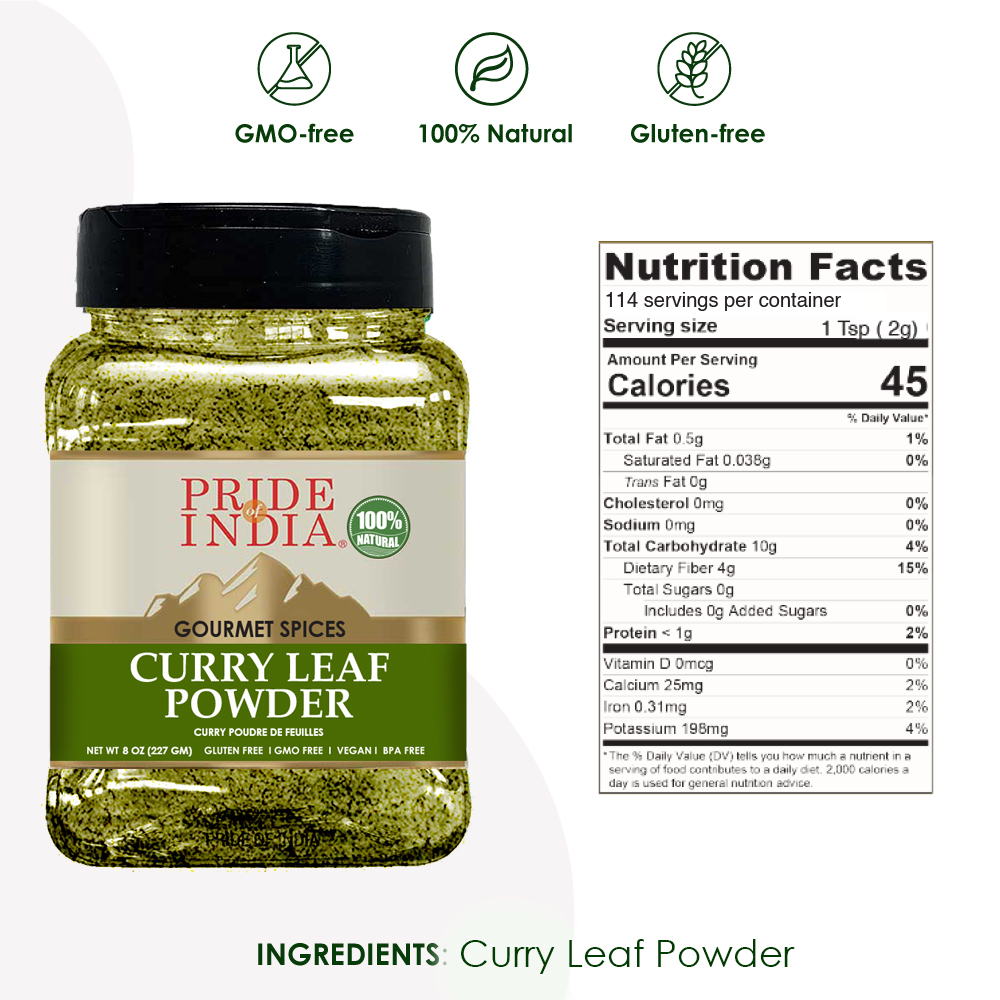 A 7 oz jar of Curry Leaf Powder showcasing its fine texture and rich green color, perfect for enhancing various dishes.