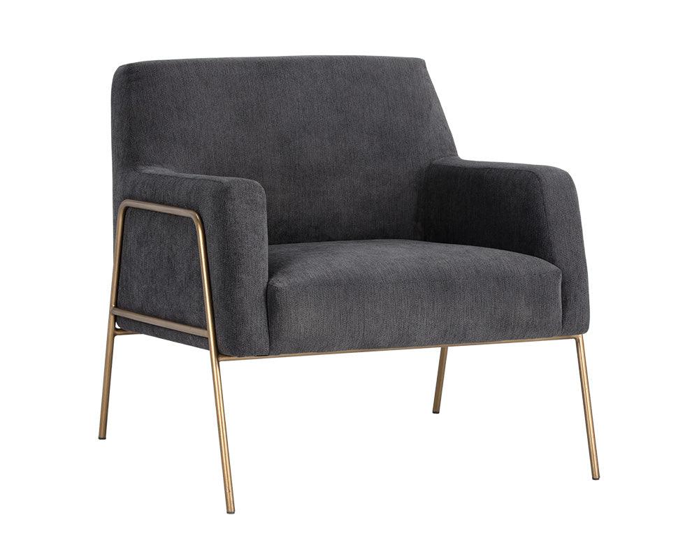 Cybil Lounge Chair in Polo Club Kohl Grey with antique brass legs, showcasing modern design and comfortable seating.