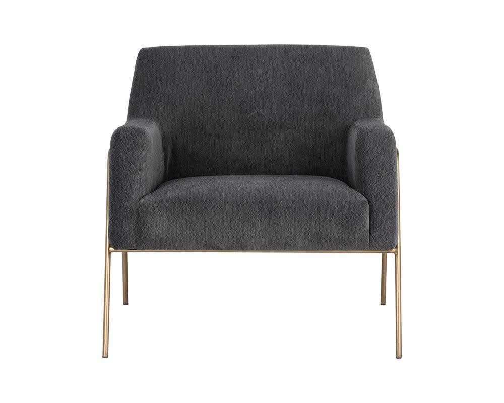 Cybil Lounge Chair in Polo Club Kohl Grey with antique brass legs, showcasing modern design and comfortable seating.