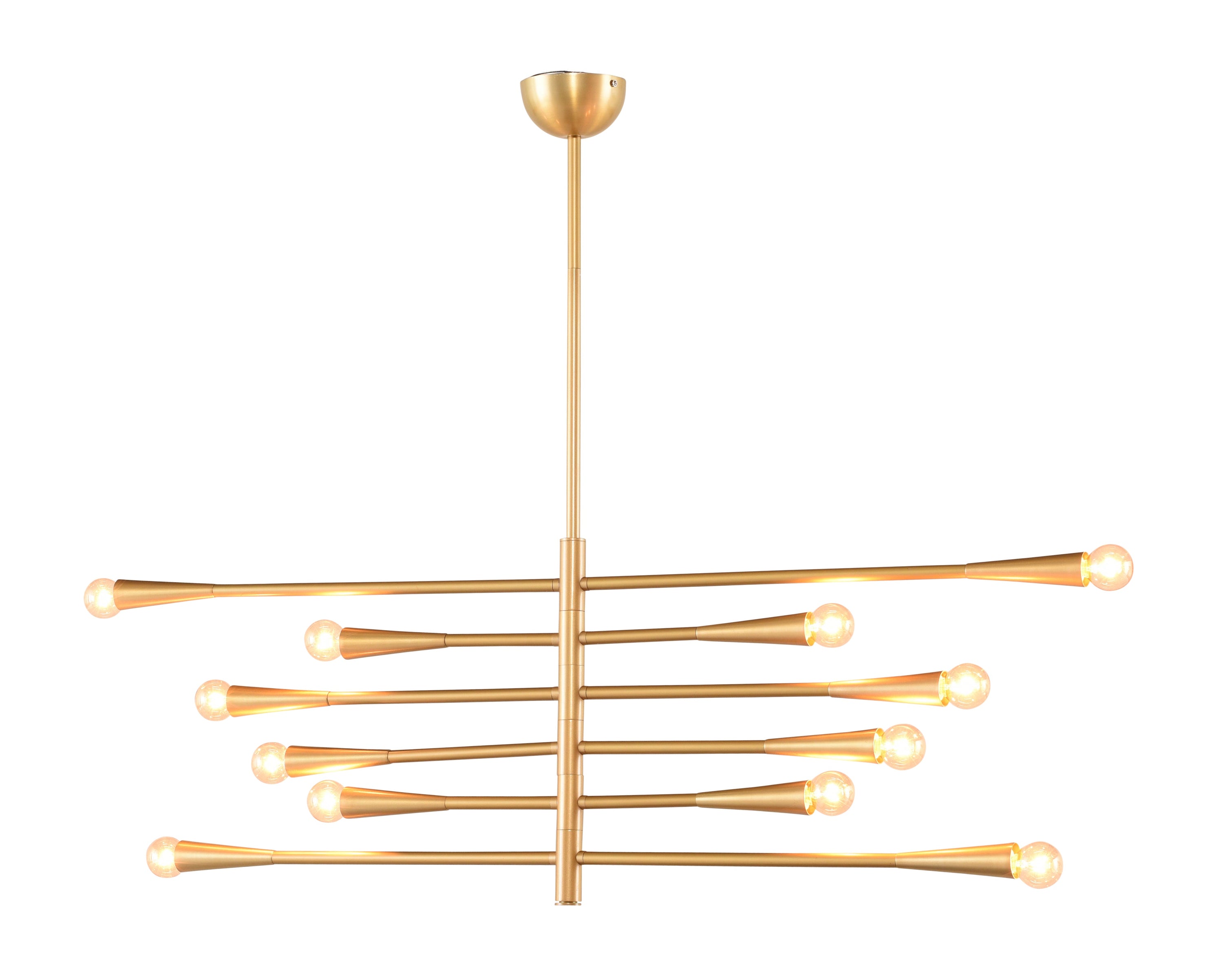 Dahlia Pendant light fixture with six golden trumpet arms, showcasing an elegant brushed gold finish and adjustable design.