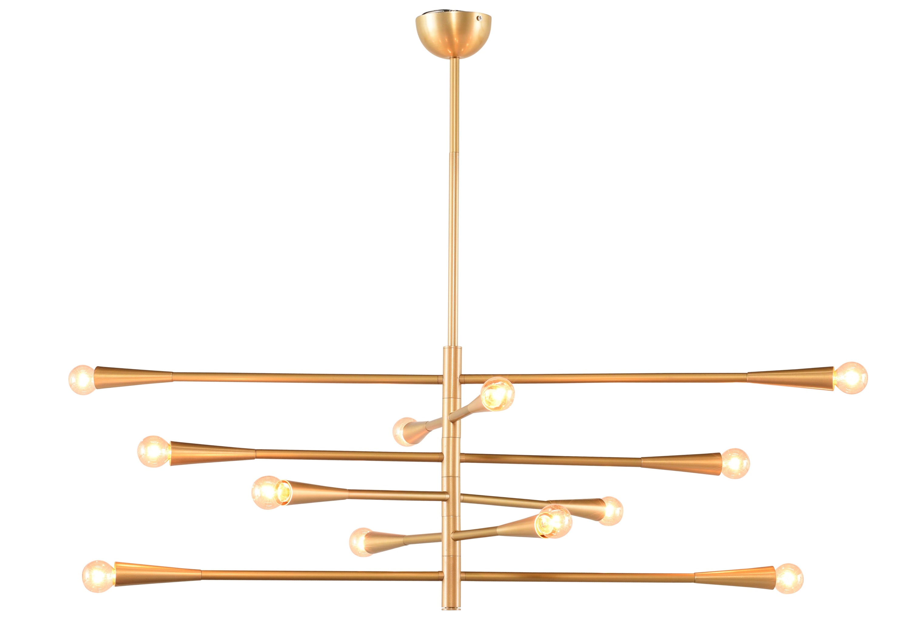 Dahlia Pendant light fixture with six golden trumpet arms, showcasing an elegant brushed gold finish and adjustable design.