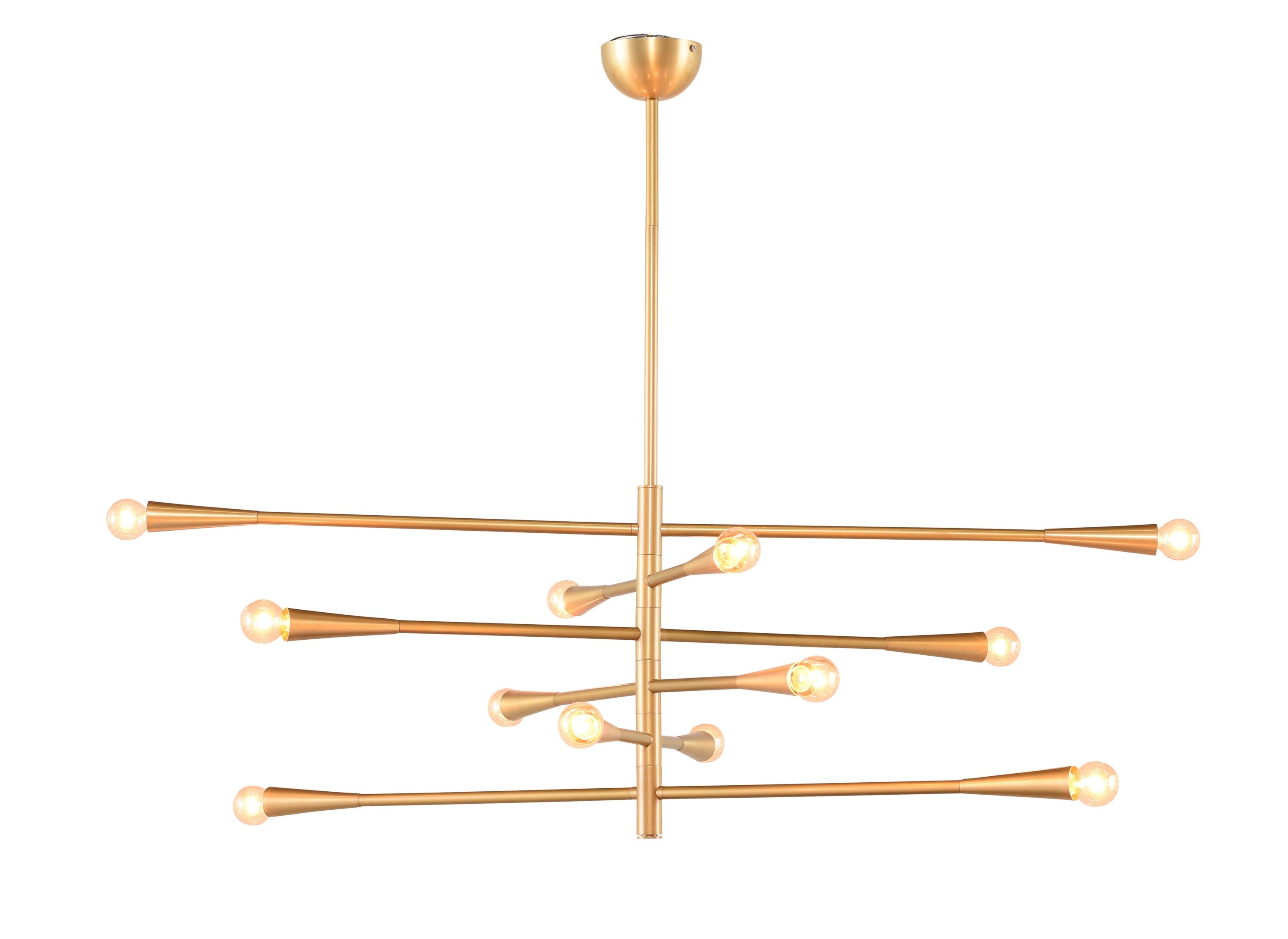 Dahlia Pendant light fixture with six golden trumpet arms, showcasing an elegant brushed gold finish and adjustable design.