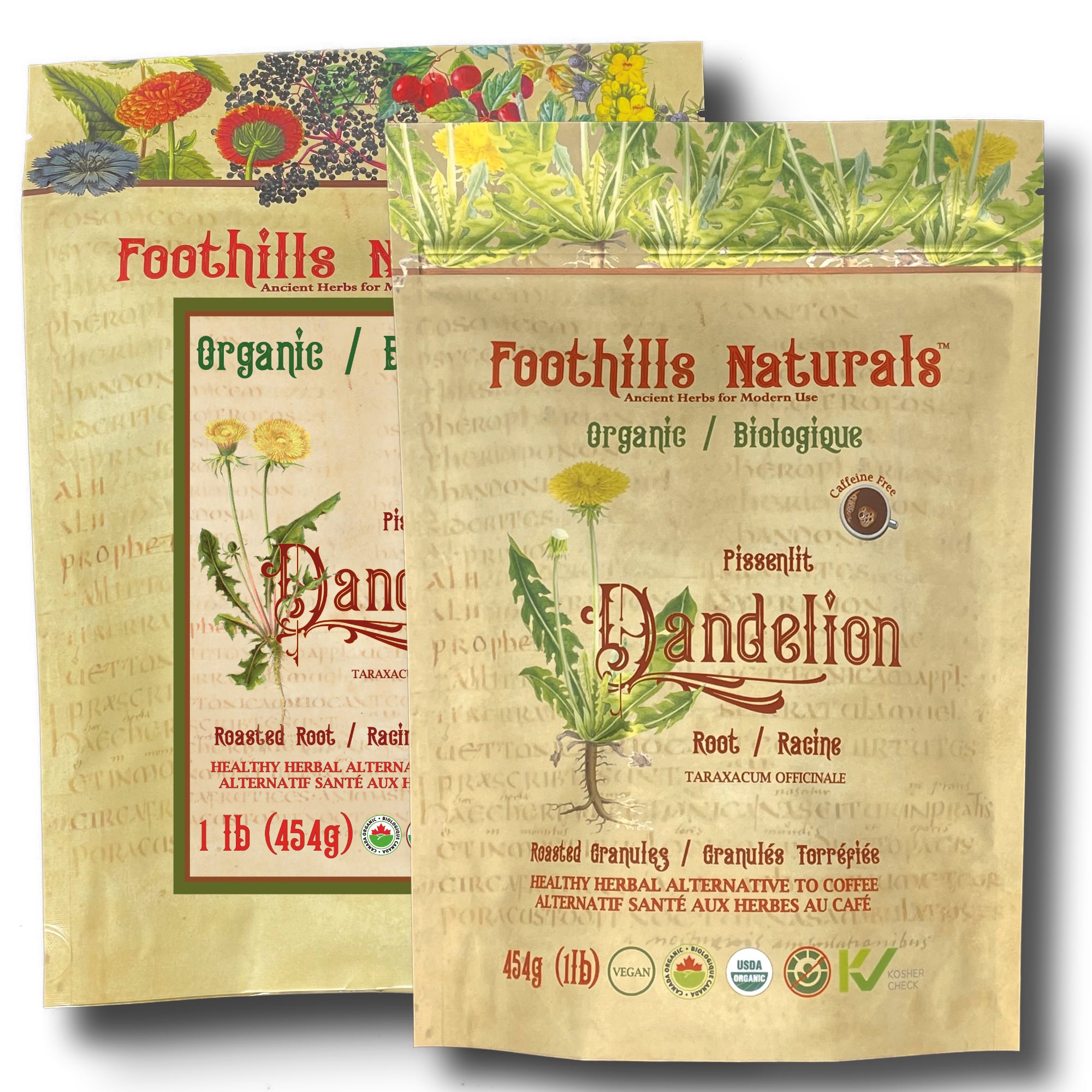 A bag of Organic Dandelion Root Roasted Granules, showcasing the earthy granules inside, perfect for brewing a caffeine-free herbal coffee alternative.