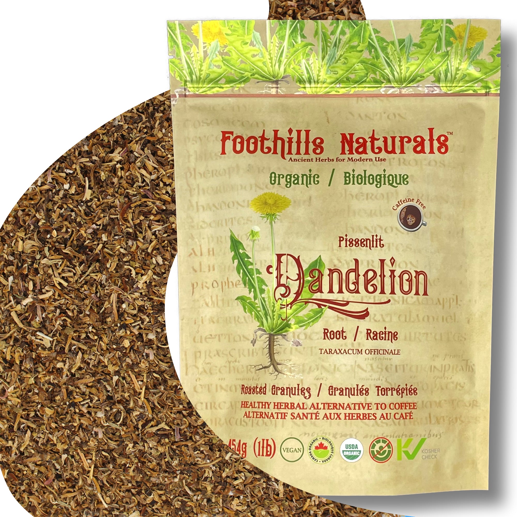 A bag of Organic Dandelion Root Roasted Granules, showcasing the earthy granules inside, perfect for brewing a caffeine-free herbal coffee alternative.