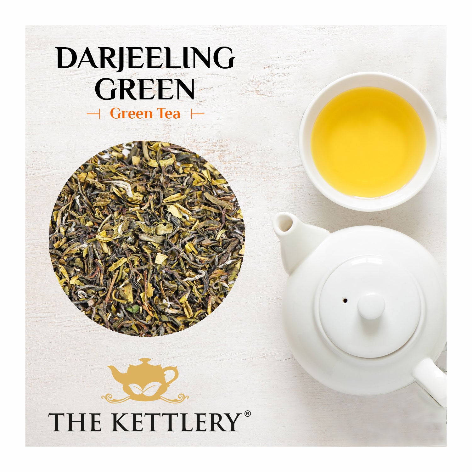 A cup of Darjeeling Green Tea with dark green leaves and a fine yellow liquid, showcasing its unique color and texture.