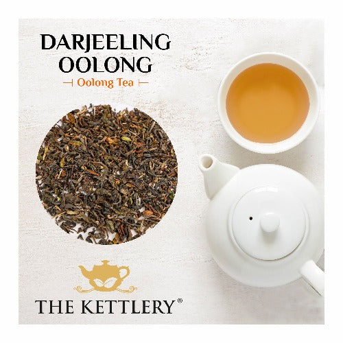 Darjeeling Oolong Tea in a decorative tin, showcasing its elegant packaging and rich color.