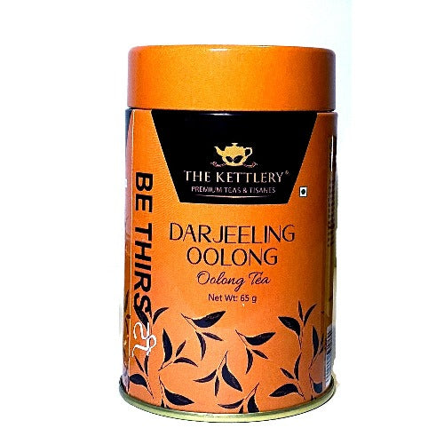 Darjeeling Oolong Tea in a decorative tin, showcasing its elegant packaging and rich color.