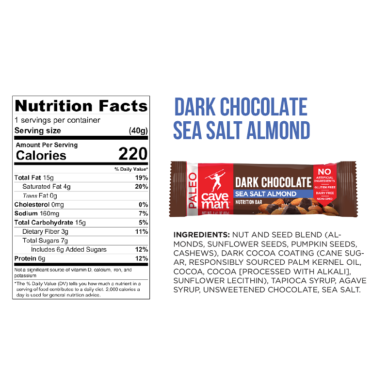 Dark Chocolate Sea Salt Almond Nutrition Bars with crunchy almonds and rich dark chocolate, individually wrapped for convenience.