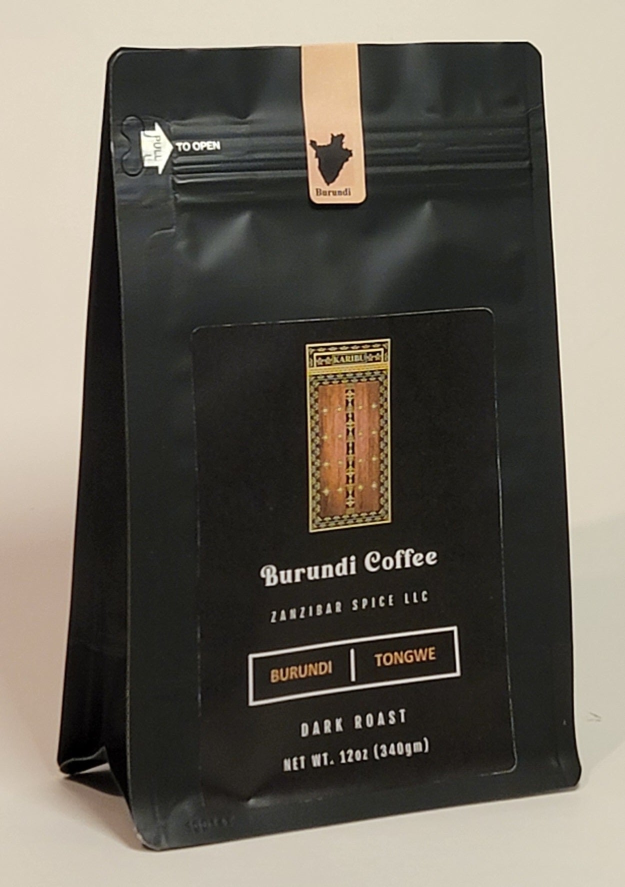 A 12oz resealable bag of Dark Roast Burundi coffee showcasing rich, dark roasted coffee beans.