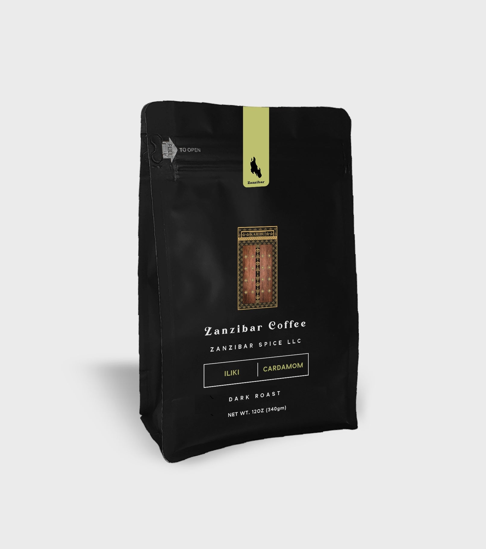 A 12oz resealable bag of Dark Roast Cardamom Coffee, showcasing rich dark coffee beans with cardamom spice.