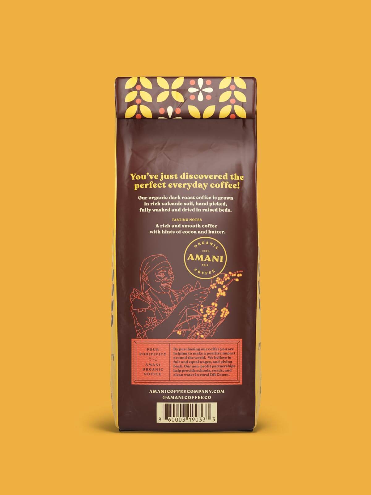 A bag of Dark Roast Single Origin Organic Coffee showcasing its rich, dark beans and vibrant packaging, highlighting its organic and single origin qualities.