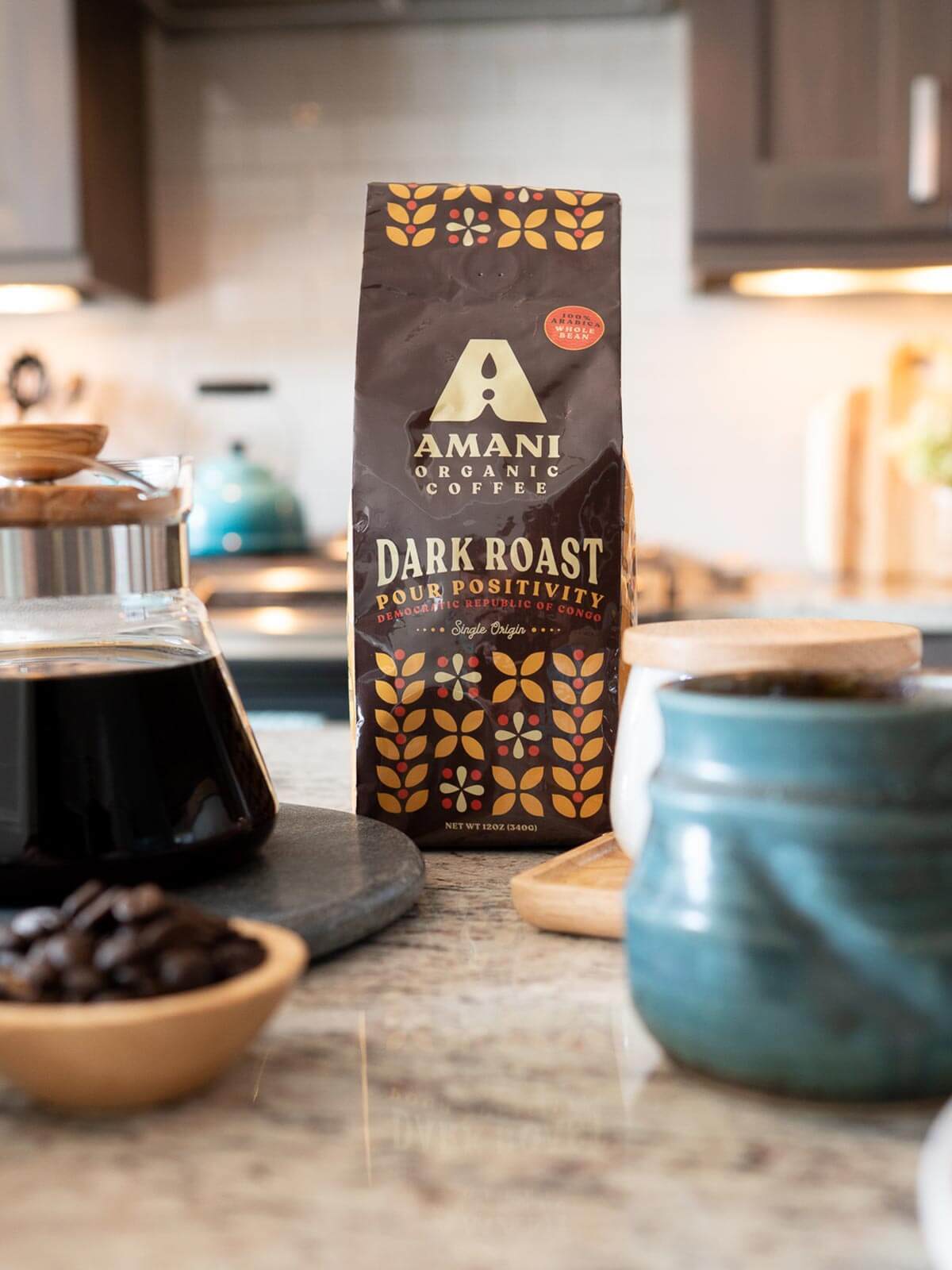 A bag of Dark Roast Single Origin Organic Coffee showcasing its rich, dark beans and vibrant packaging, highlighting its organic and single origin qualities.