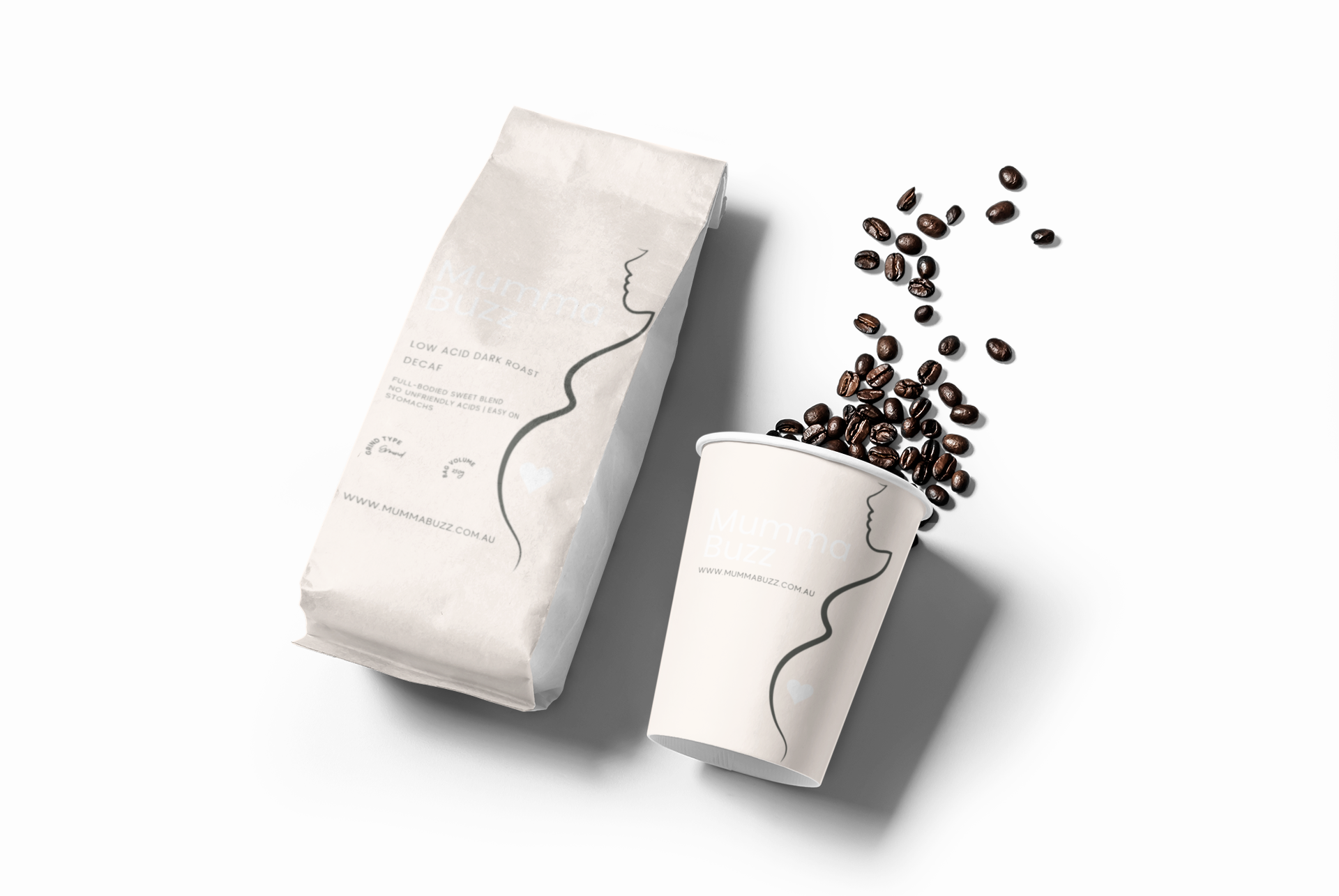 A bag of Mumma Buzz Decaf Low-Acid Coffee featuring a rich, creamy blend designed for mothers and breastfeeding women, emphasizing its natural decaffeination process.