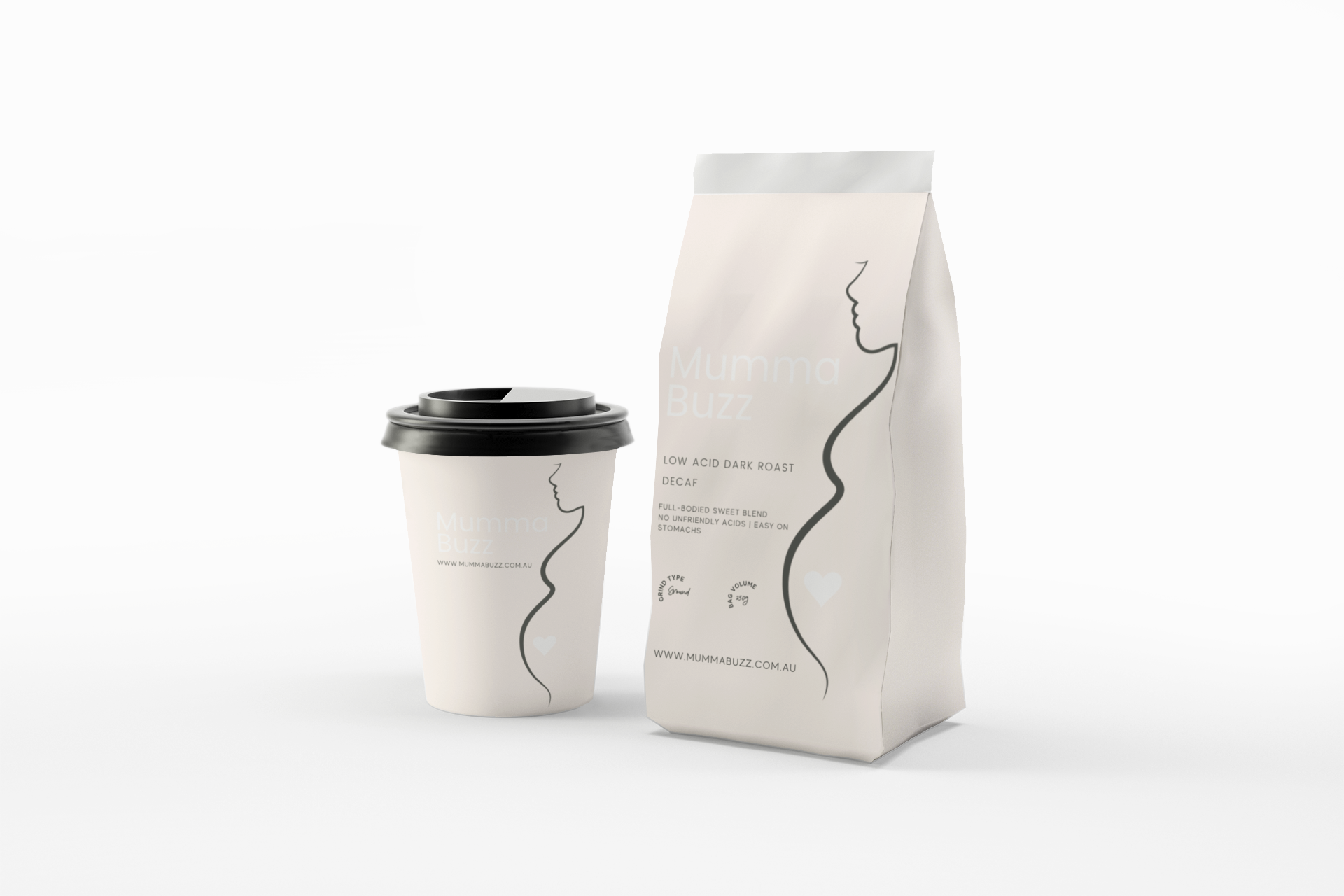 A bag of Mumma Buzz Decaf Low-Acid Coffee featuring a rich, creamy blend designed for mothers and breastfeeding women, emphasizing its natural decaffeination process.