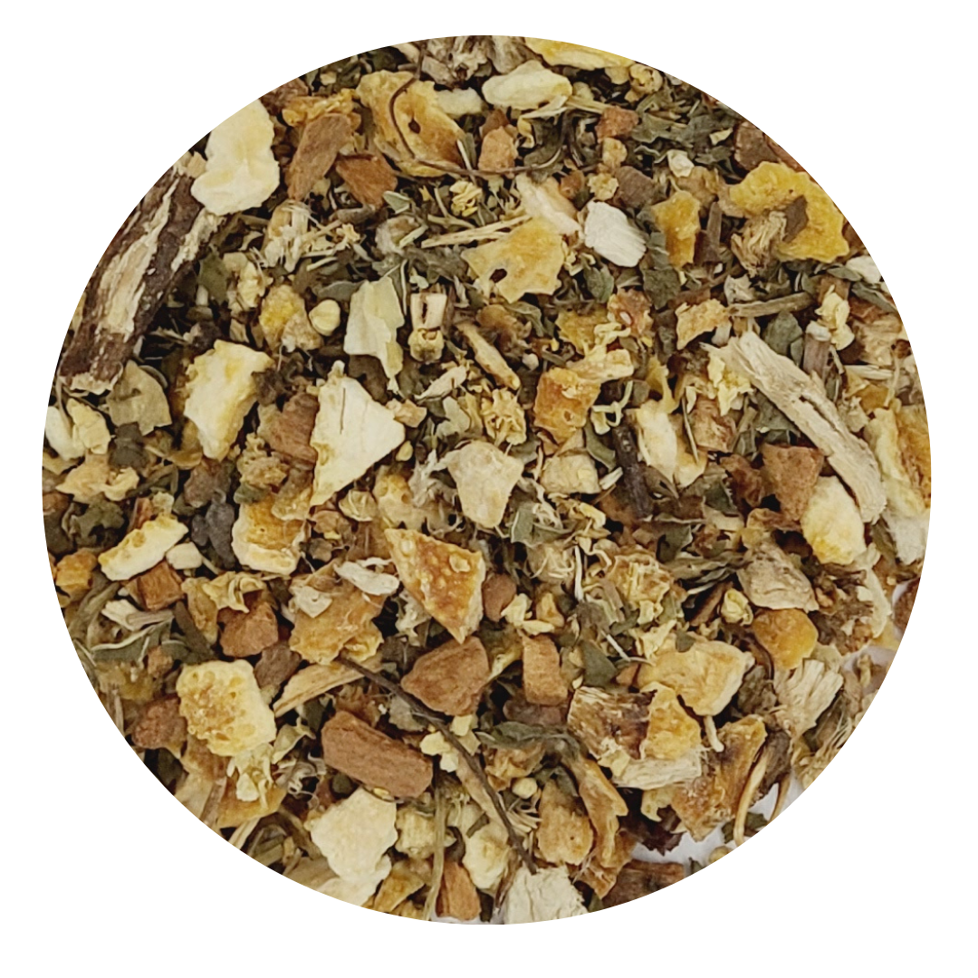 A vibrant package of Defence Herbal Tea Blend featuring loose leaf tea, rich in Vitamin C and antioxidants, ideal for immune support.