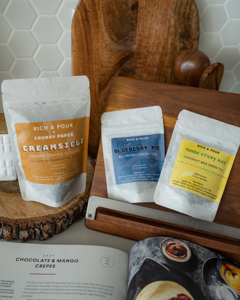 A beautifully arranged Dessert Lovers Set featuring three unique tea blends: Blueberry Pie, Mango Sticky Rice, and Creamsicle, all in elegant packaging.