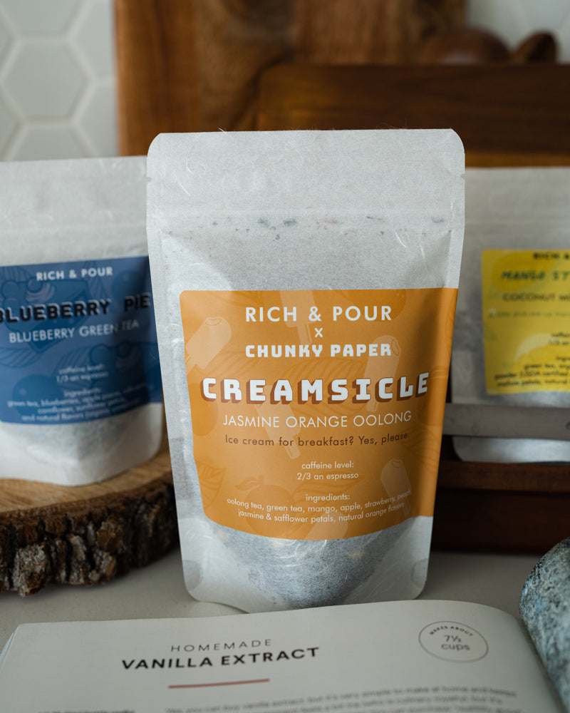 A beautifully arranged Dessert Lovers Set featuring three unique tea blends: Blueberry Pie, Mango Sticky Rice, and Creamsicle, all in elegant packaging.