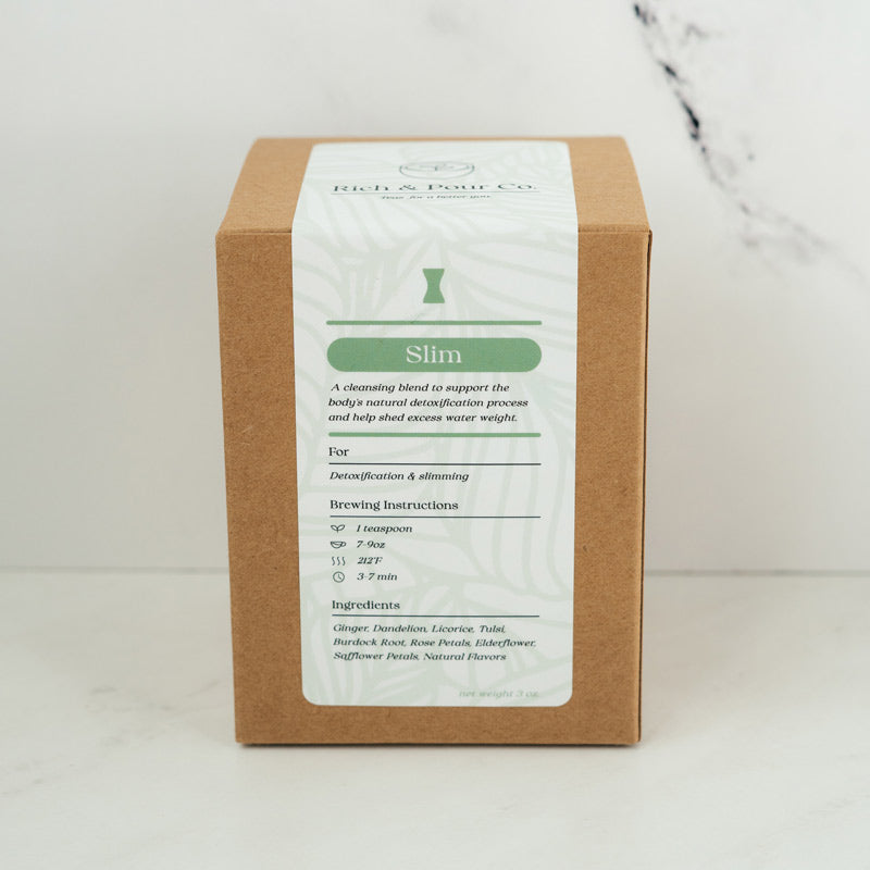 A vibrant package of Detox: Cleansing Blend featuring herbal ingredients like dandelion, ginger, and burdock root, promoting natural detoxification.