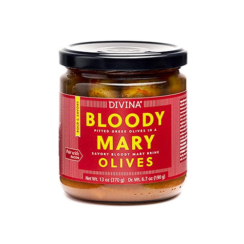 A jar of DiVina Bloody Mary Olives showcasing vibrant green olives in a spicy brine, perfect for cocktails and snacks.