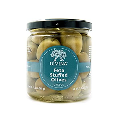 A jar of DiVina Feta Stuffed Olives, showcasing plump green olives filled with creamy feta cheese, perfect for appetizers.