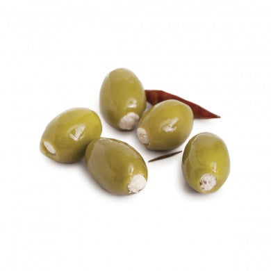 A jar of DiVina Feta Stuffed Olives, showcasing plump green olives filled with creamy feta cheese, perfect for appetizers.