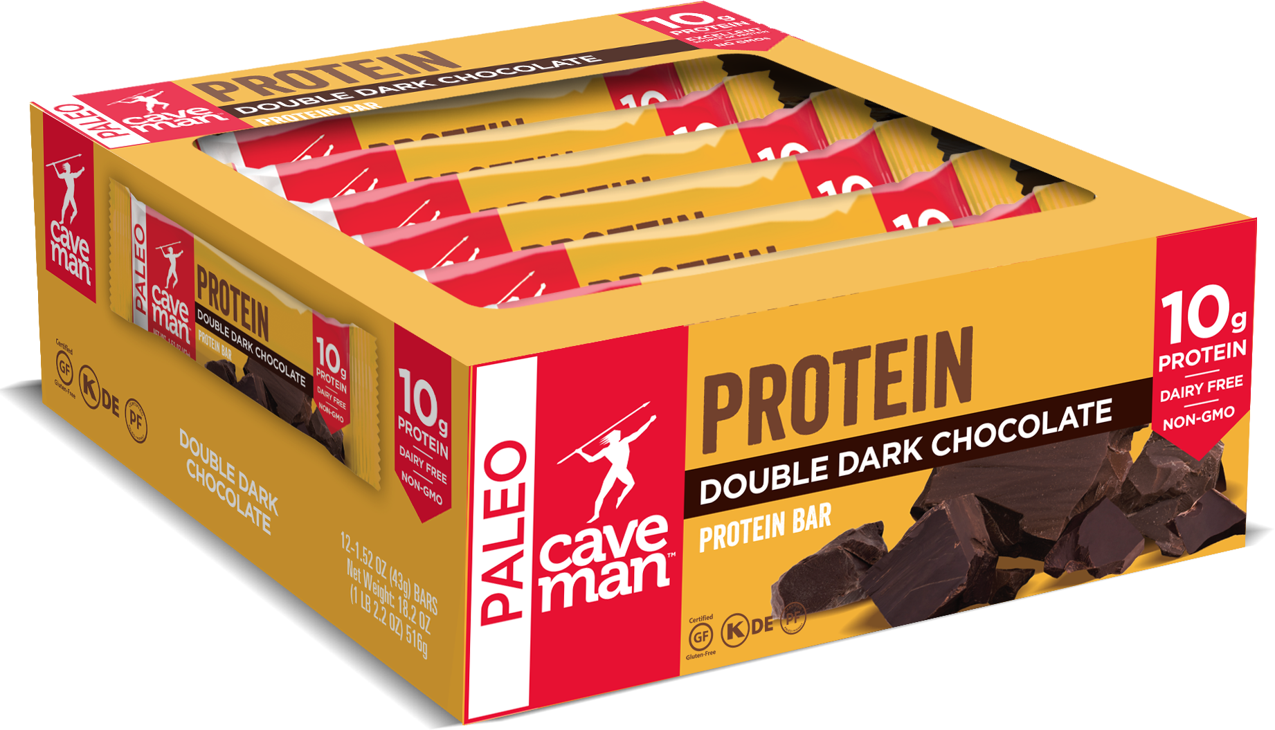 A box of Double Dark Chocolate Protein Bars featuring rich dark cocoa, almonds, and semisweet chocolate chips, showcasing their delicious and nutritious appeal.