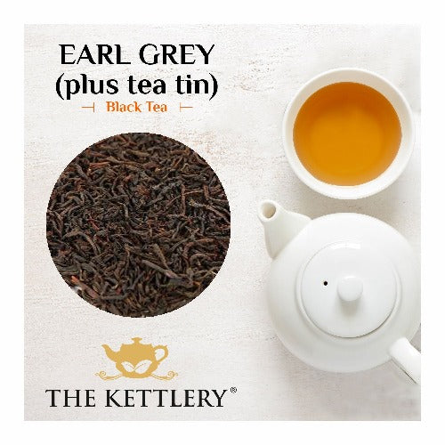 A stylish tin of Earl Grey Black Tea featuring bold black tea leaves and bergamot oil flavoring, perfect for a refreshing morning brew.