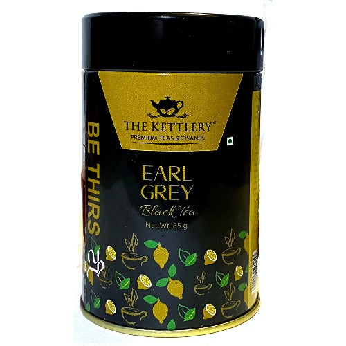 A stylish tin of Earl Grey Black Tea featuring bold black tea leaves and bergamot oil flavoring, perfect for a refreshing morning brew.