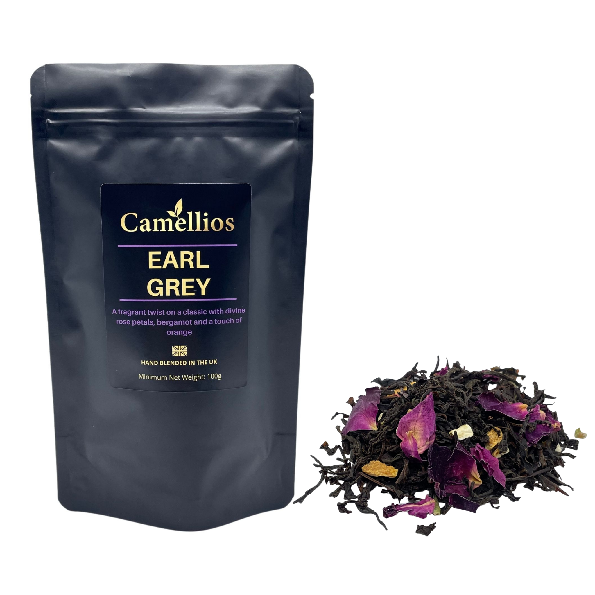 A beautifully arranged display of Earl Grey Loose Leaf tea with rose petals and orange peel, showcasing its aromatic blend.