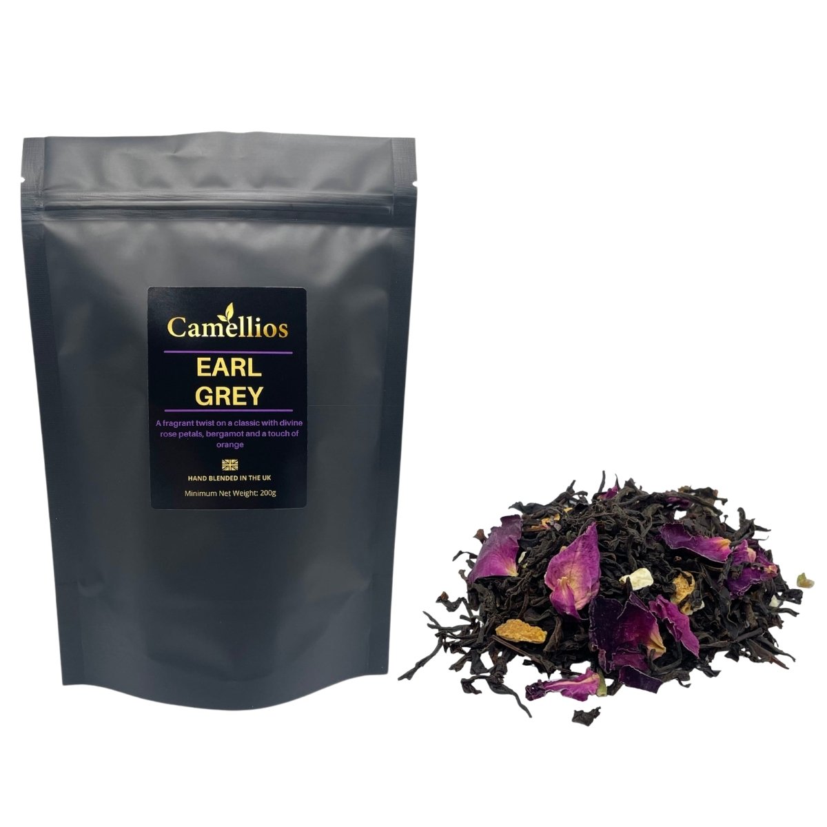 A beautifully arranged display of Earl Grey Loose Leaf tea with rose petals and orange peel, showcasing its aromatic blend.