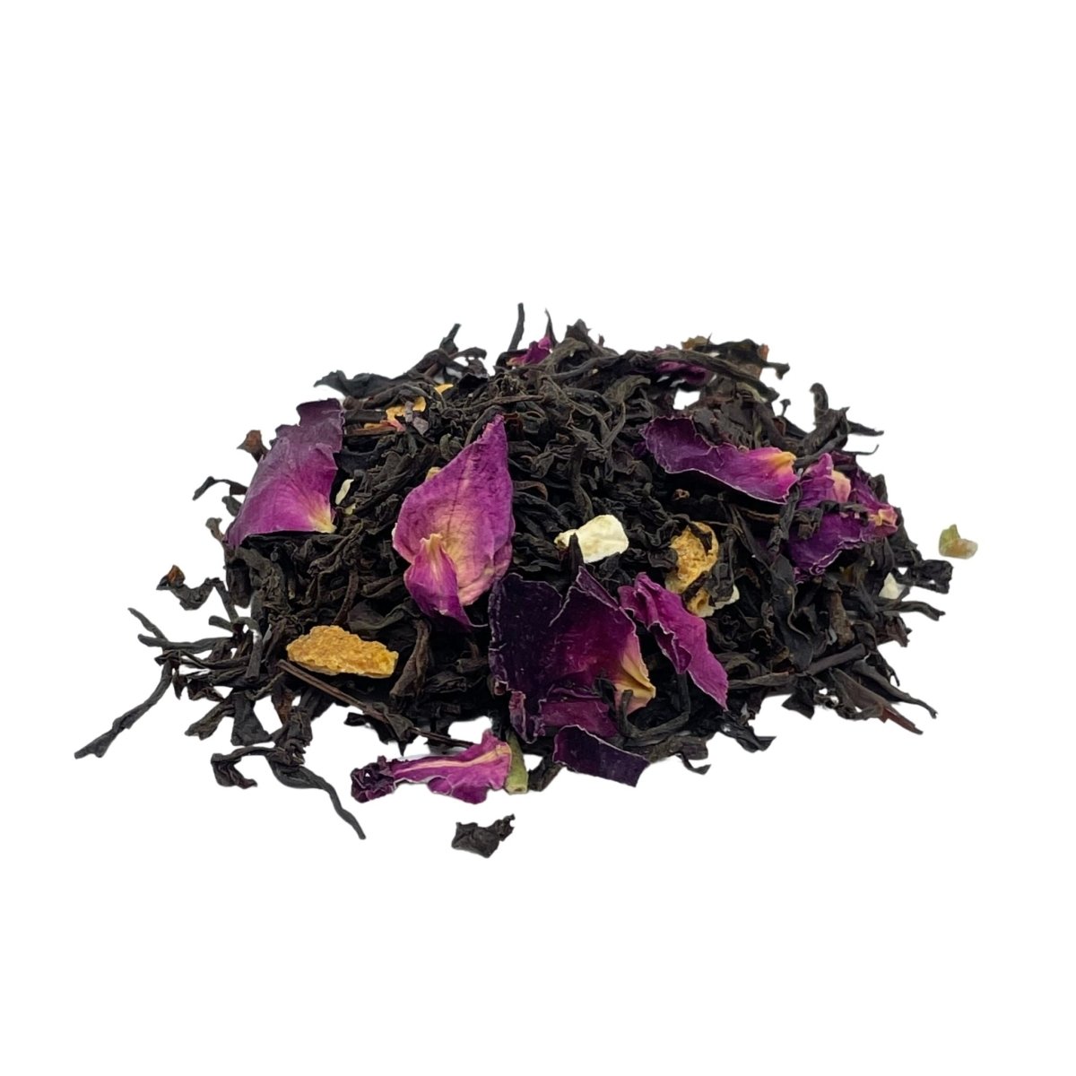 A beautifully arranged display of Earl Grey Loose Leaf tea with rose petals and orange peel, showcasing its aromatic blend.