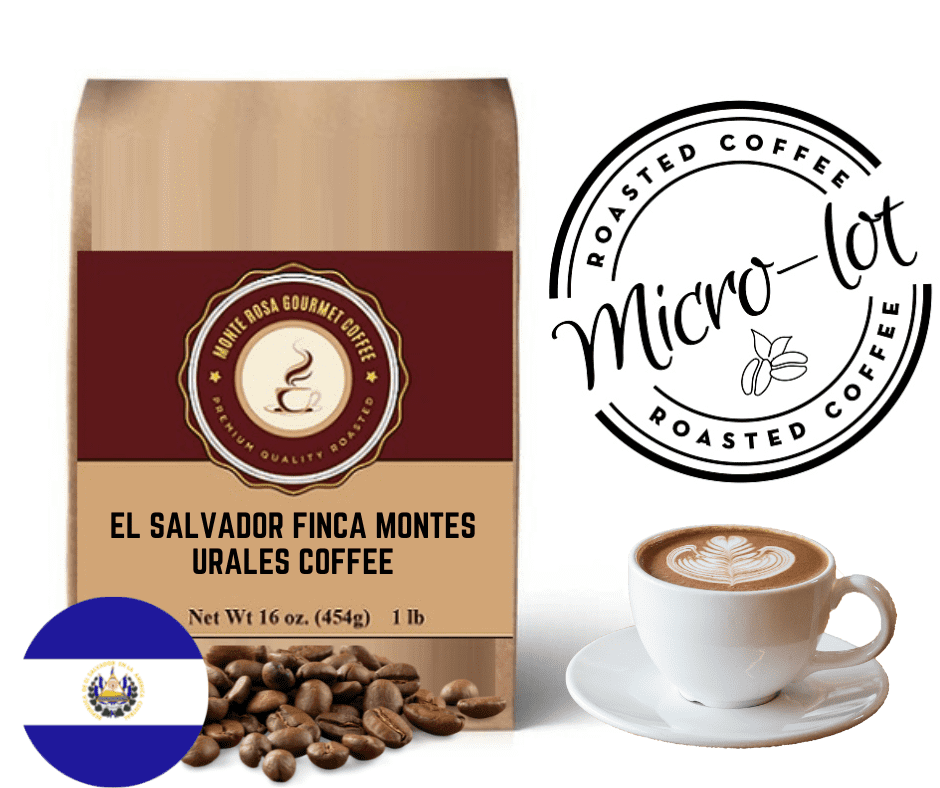 A bag of El Salvador Finca Montes Urales Coffee showcasing its rich, dark beans, with a scenic backdrop of volcanic mountains.