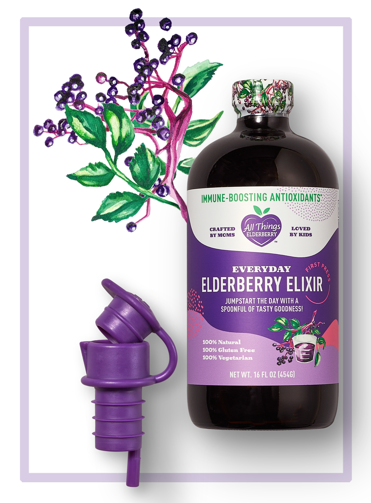 Elderberry Elixir bottle with a pour spout, showcasing its elegant design and functionality.