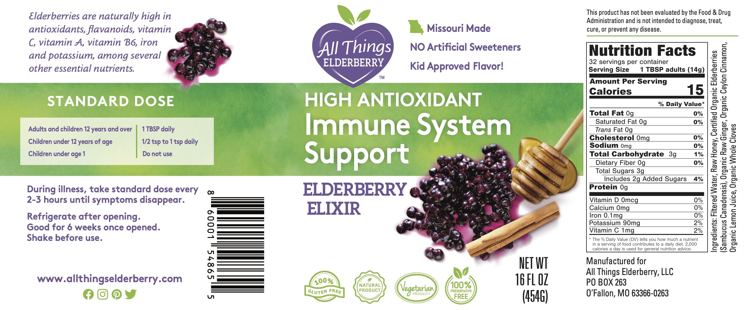 A bottle of Elderberry Elixir made with fresh elderberries, showcasing its rich purple color and organic ingredients.