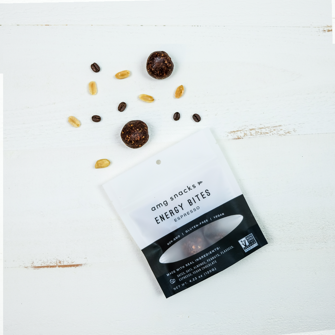 A bag of Espresso Energy Bites showcasing healthy snacks made with dates, oats, nuts, and chocolate chips.