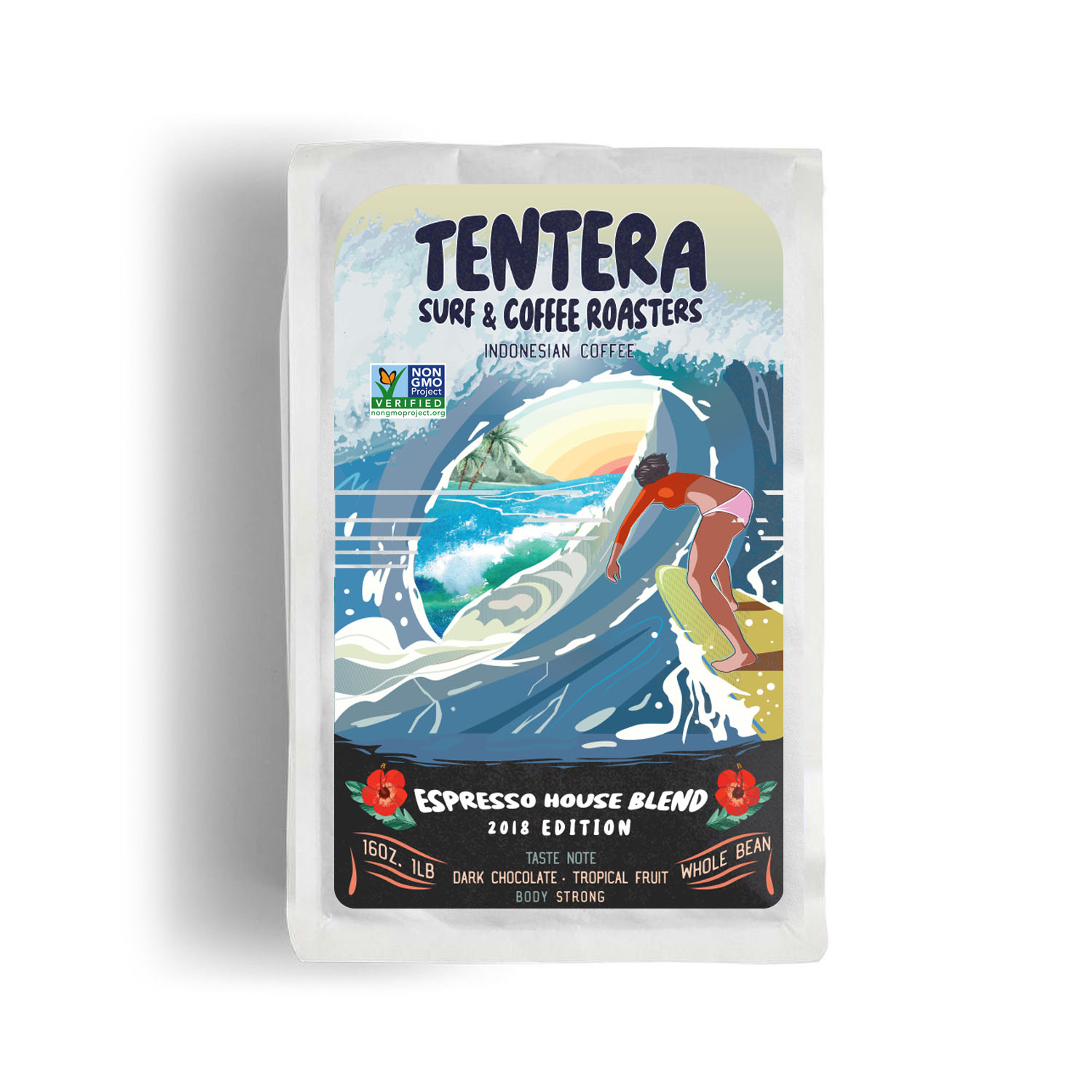 A bag of Espresso House Blend - 2018 Edition coffee featuring a medium-dark roast with dark chocolate and tropical fruit notes.