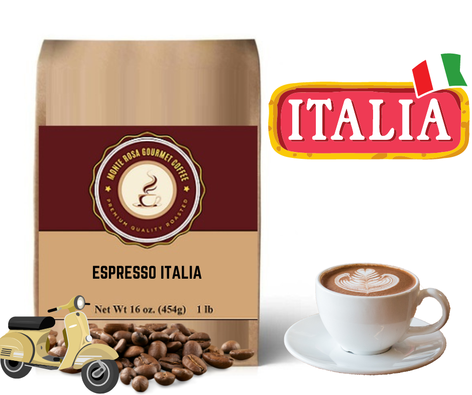 A bag of Espresso Italia featuring 100% Arabica beans, showcasing its rich aroma and smooth flavor profile.