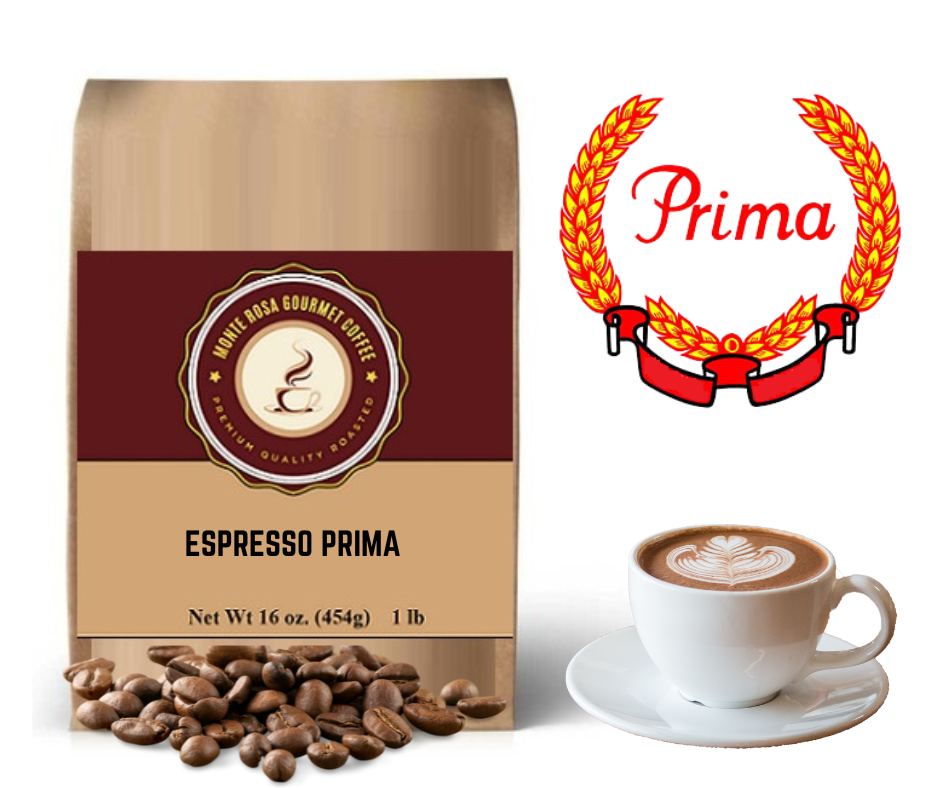 A bag of Espresso Prima coffee featuring 100% Arabica beans, showcasing its elegant packaging and rich aroma.