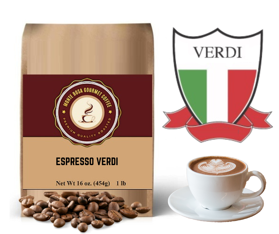 A bag of Espresso Verdi whole bean coffee showcasing its rich, dark roast and premium quality, perfect for espresso lovers.