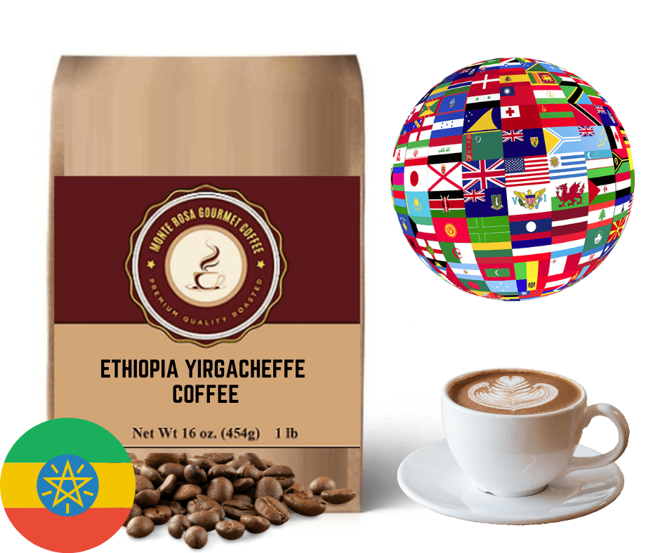 A bag of Ethiopia Yirgacheffe coffee beans showcasing their rich color and texture, ideal for brewing a flavorful cup.