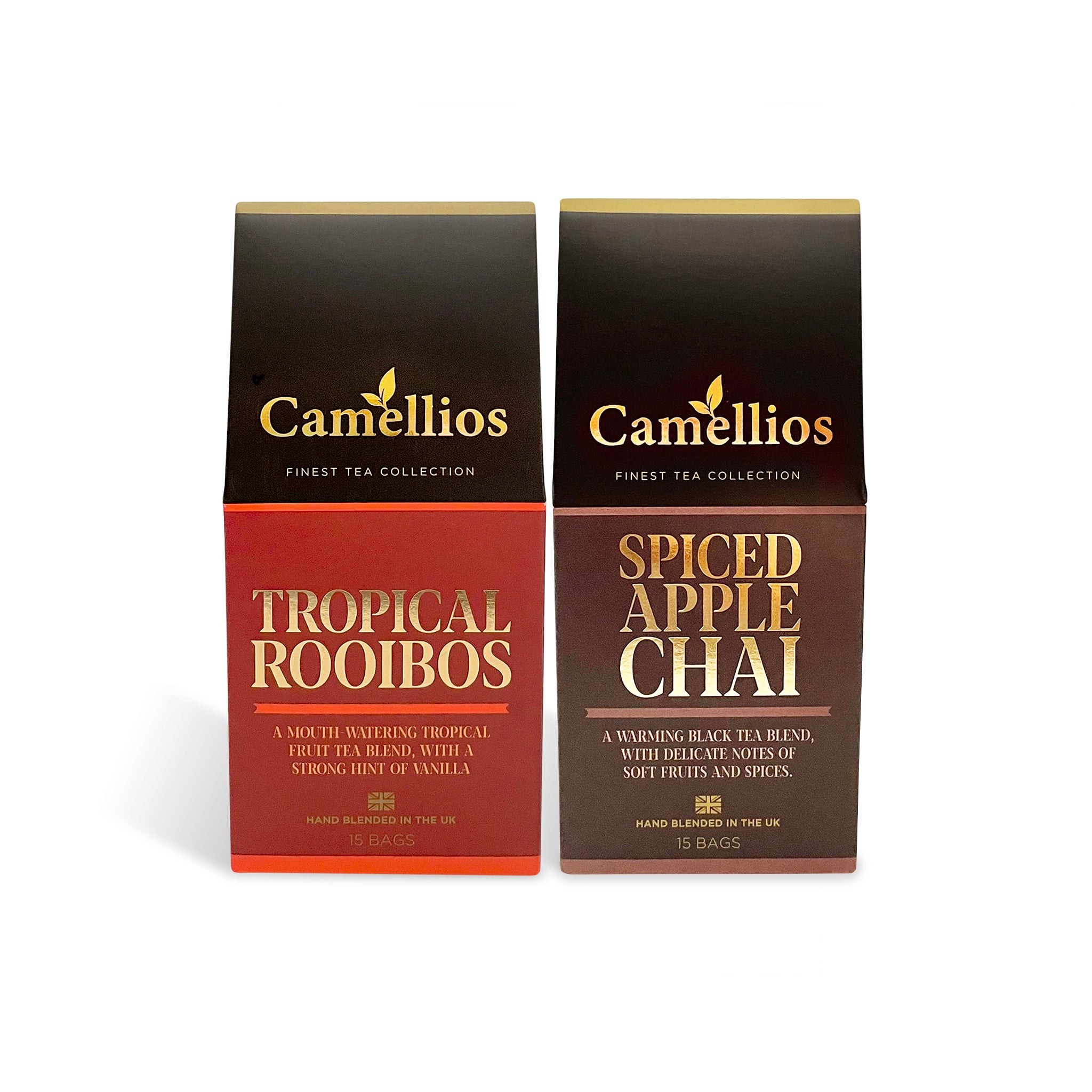 An assortment of exotic tea bags including Tropical Rooibos and Spiced Apple Chai, beautifully packaged in a bundle.