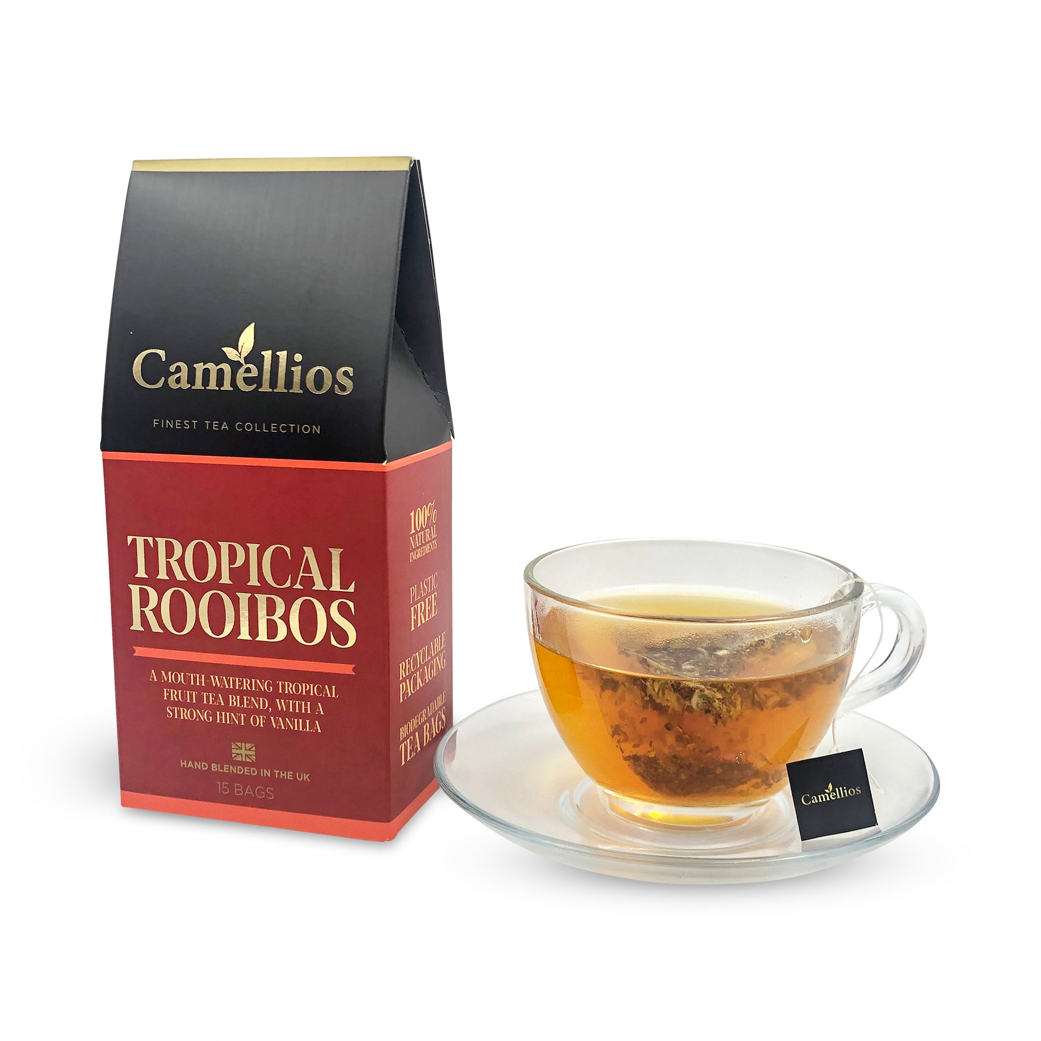 An assortment of exotic tea bags including Tropical Rooibos and Spiced Apple Chai, beautifully packaged in a bundle.