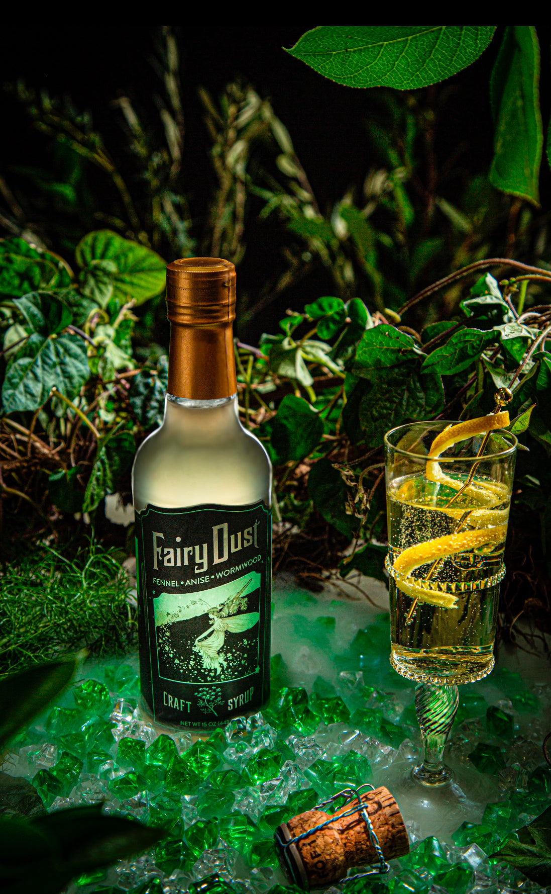 A bottle of Fairy Dust Syrup featuring a blend of fennel, anise, and wormwood, elegantly designed for cocktails and mocktails.