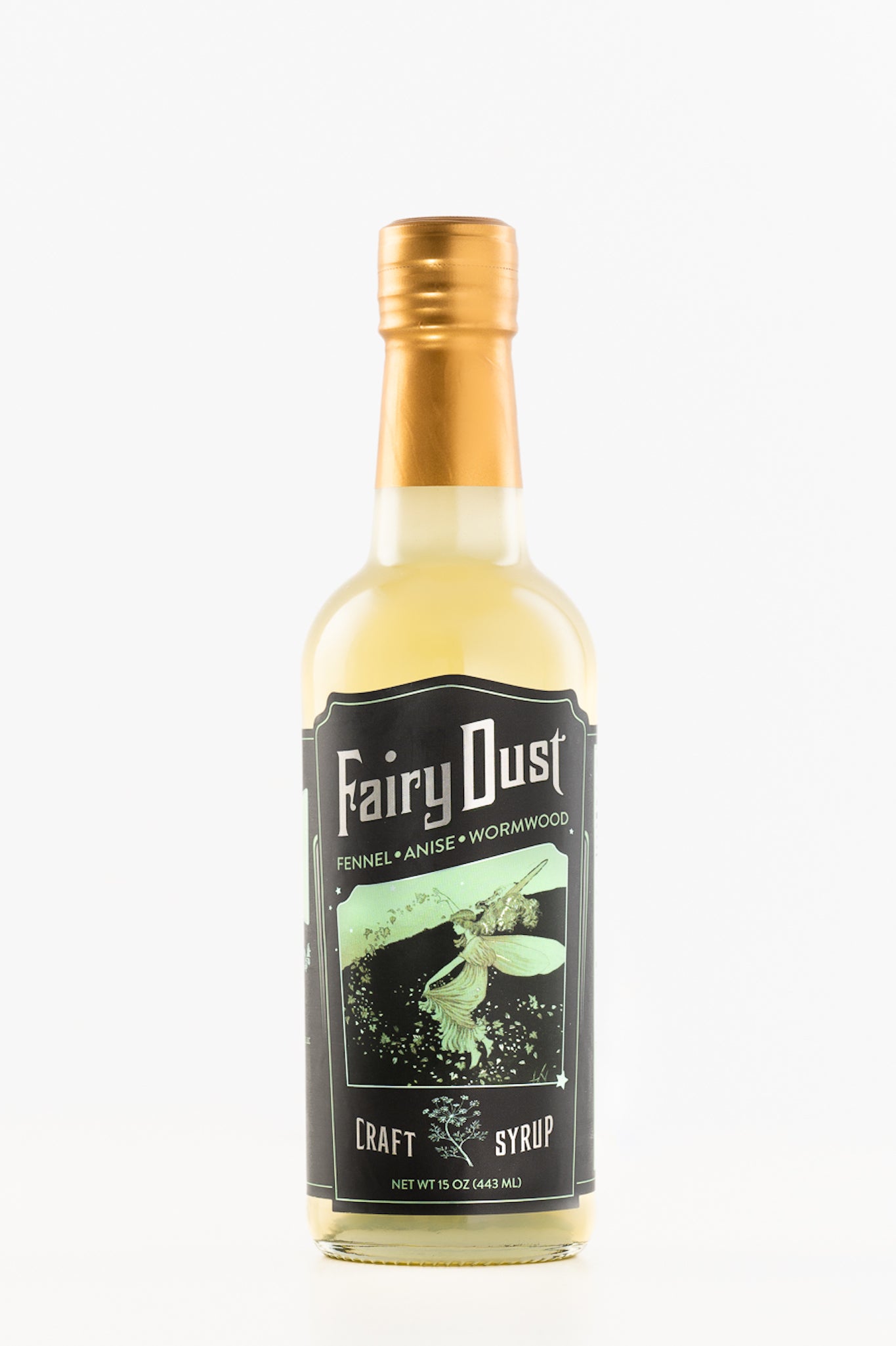 A bottle of Fairy Dust Syrup featuring a blend of fennel, anise, and wormwood, elegantly designed for cocktails and mocktails.