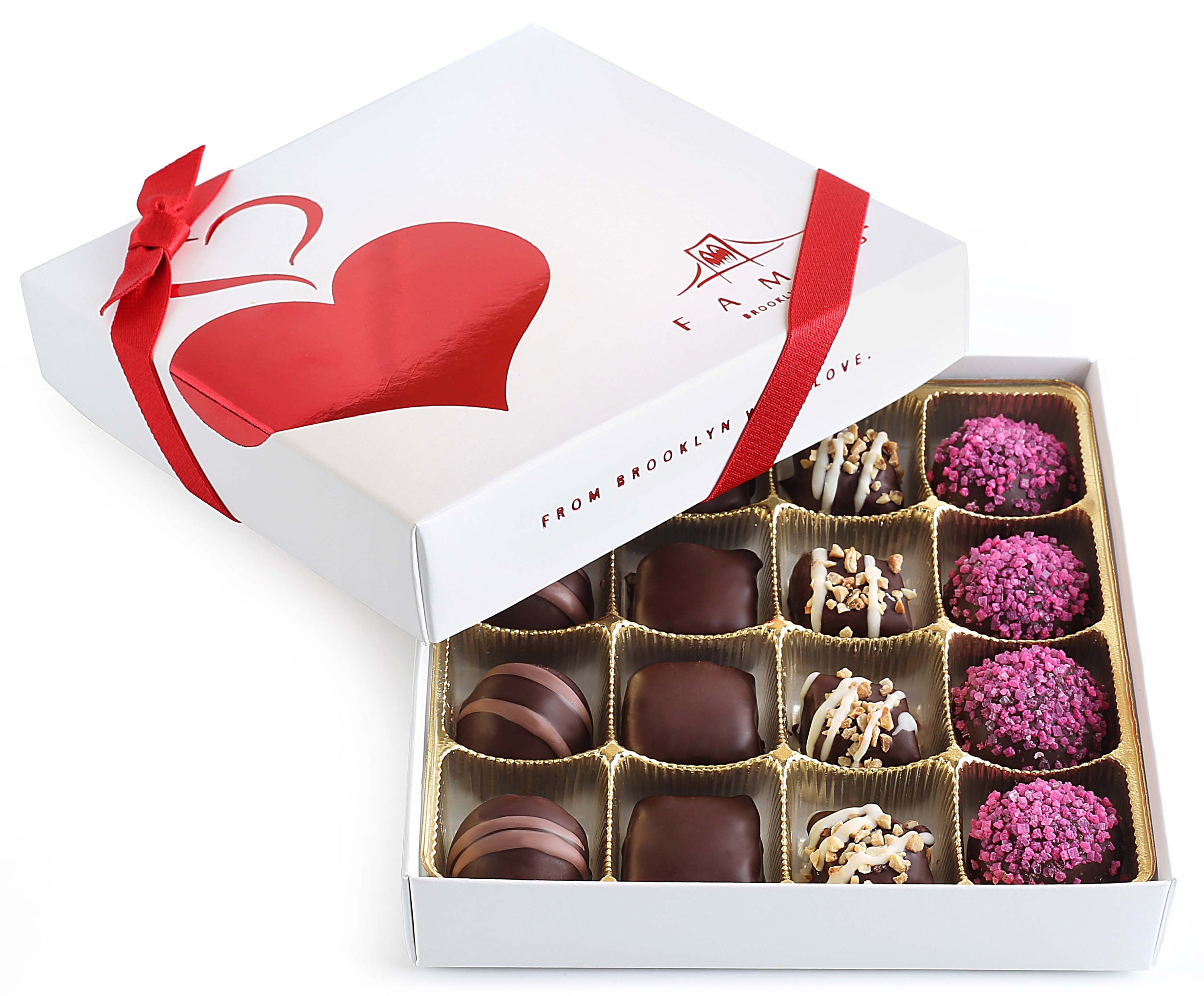 Fames Assorted Chocolate Gift Box with red bow, showcasing 16 dairy-free chocolates in elegant packaging.