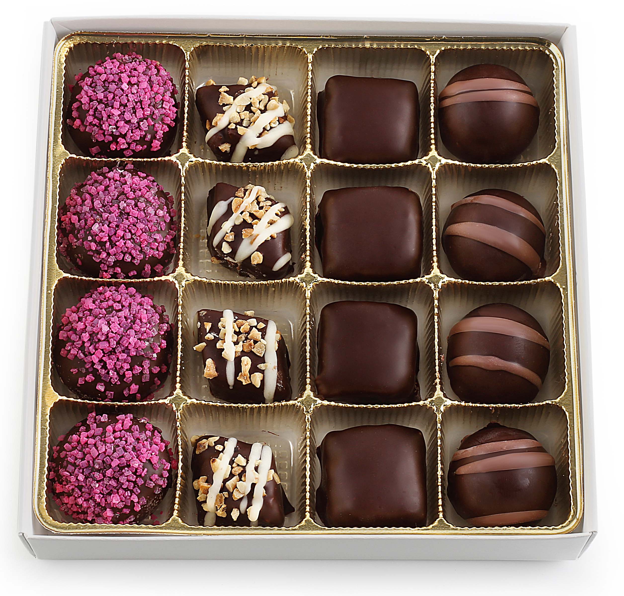 Fames Assorted Chocolate Gift Box with red bow, showcasing 16 dairy-free chocolates in elegant packaging.